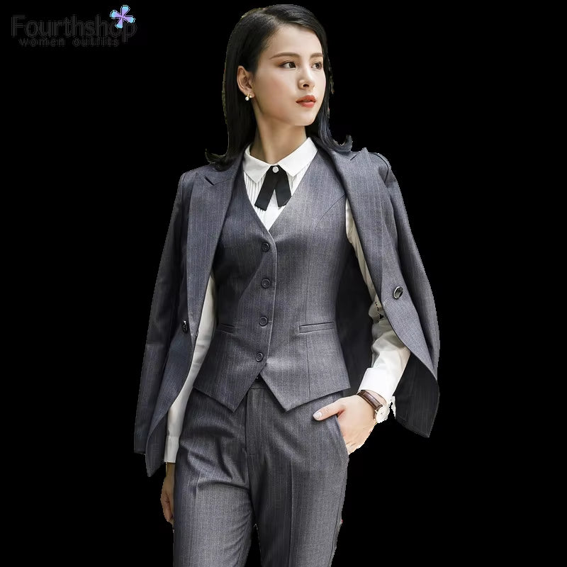 2025 Fashion Women Suits Office Lady Business Work Uniforms Formal Pant Suits Female 3 Piece Set Striped Pants Blazer and Vest