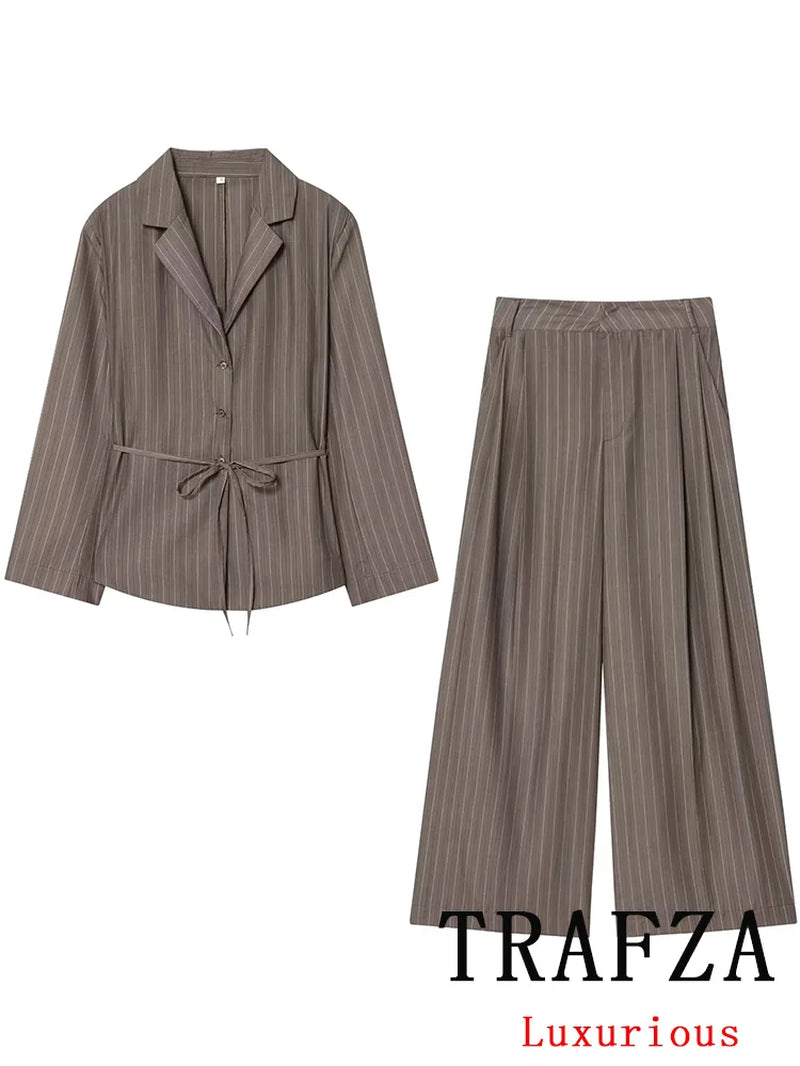 KONDALA Office Lady Chic Brown Suits V Neck Striped Loose Blazer High Waist Wide Leg Pants Fashion 2025 Fall Casual Women Suits