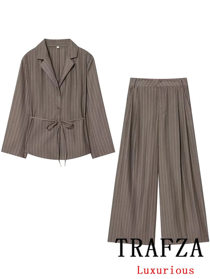 KONDALA Office Lady Chic Brown Suits V Neck Striped Loose Blazer High Waist Wide Leg Pants Fashion 2025 Fall Casual Women Suits