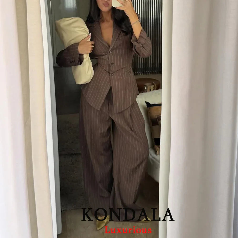 KONDALA Office Lady Chic Brown Suits V Neck Striped Loose Blazer High Waist Wide Leg Pants Fashion 2025 Fall Casual Women Suits