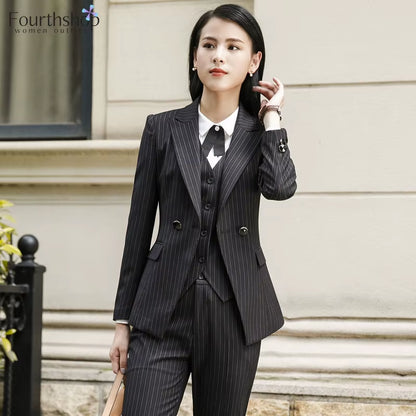 2025 Fashion Women Suits Office Lady Business Work Uniforms Formal Pant Suits Female 3 Piece Set Striped Pants Blazer and Vest