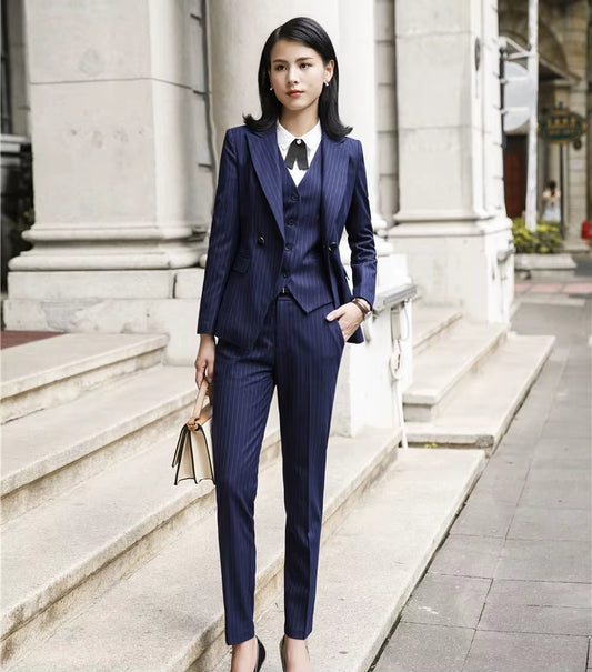 2025 Fashion Women Suits Office Lady Business Work Uniforms Formal Pant Suits Female 3 Piece Set Striped Pants Blazer and Vest