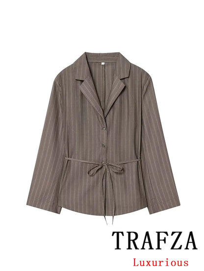 KONDALA Office Lady Chic Brown Suits V Neck Striped Loose Blazer High Waist Wide Leg Pants Fashion 2025 Fall Casual Women Suits