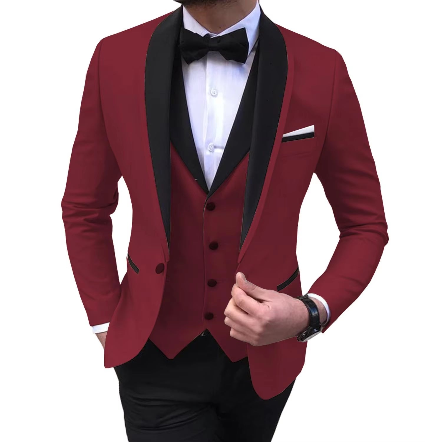 Tailor-Made Elegant Slit Mens Suits 3 Piece Black Shawl Lapel Casual Tuxedos for Wedding Groomsmen Suits Men (Blazer+Vest+Pant)