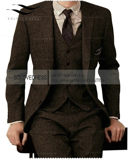 Brown Tweed Men Suits 3 Pieces Formal Business Suit Set Custom Gentle-Mens Groom Wedding Dress Blazer Suits(Jacket+Pants+Vest)