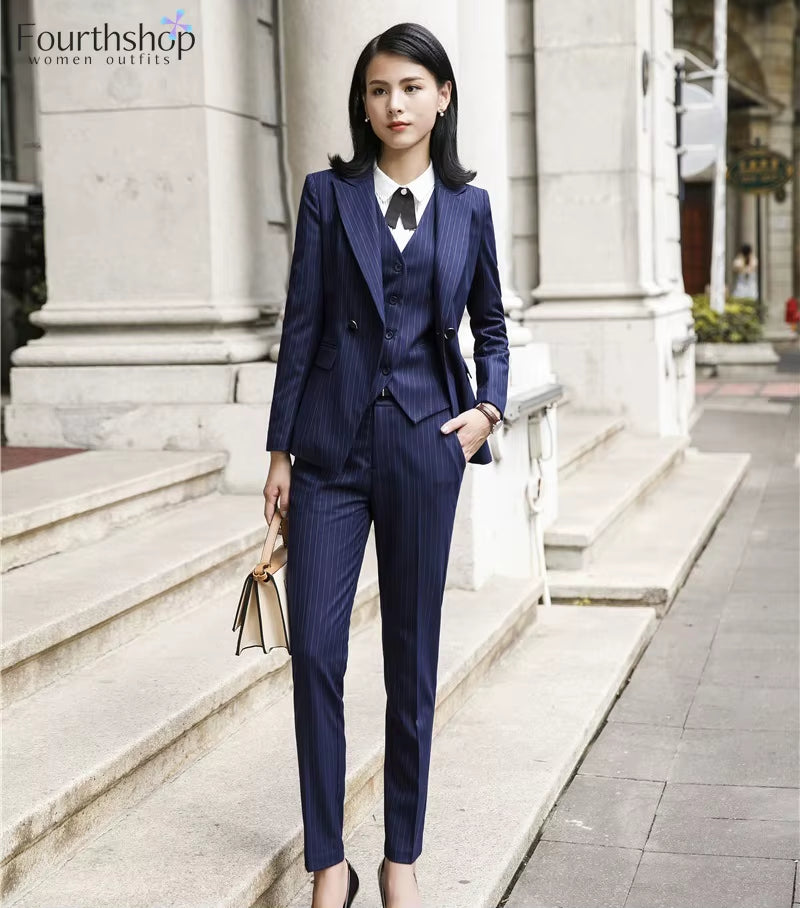 2025 Fashion Women Suits Office Lady Business Work Uniforms Formal Pant Suits Female 3 Piece Set Striped Pants Blazer and Vest