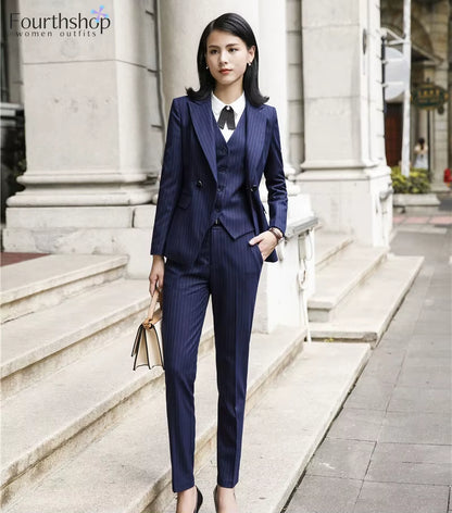 2025 Fashion Women Suits Office Lady Business Work Uniforms Formal Pant Suits Female 3 Piece Set Striped Pants Blazer and Vest
