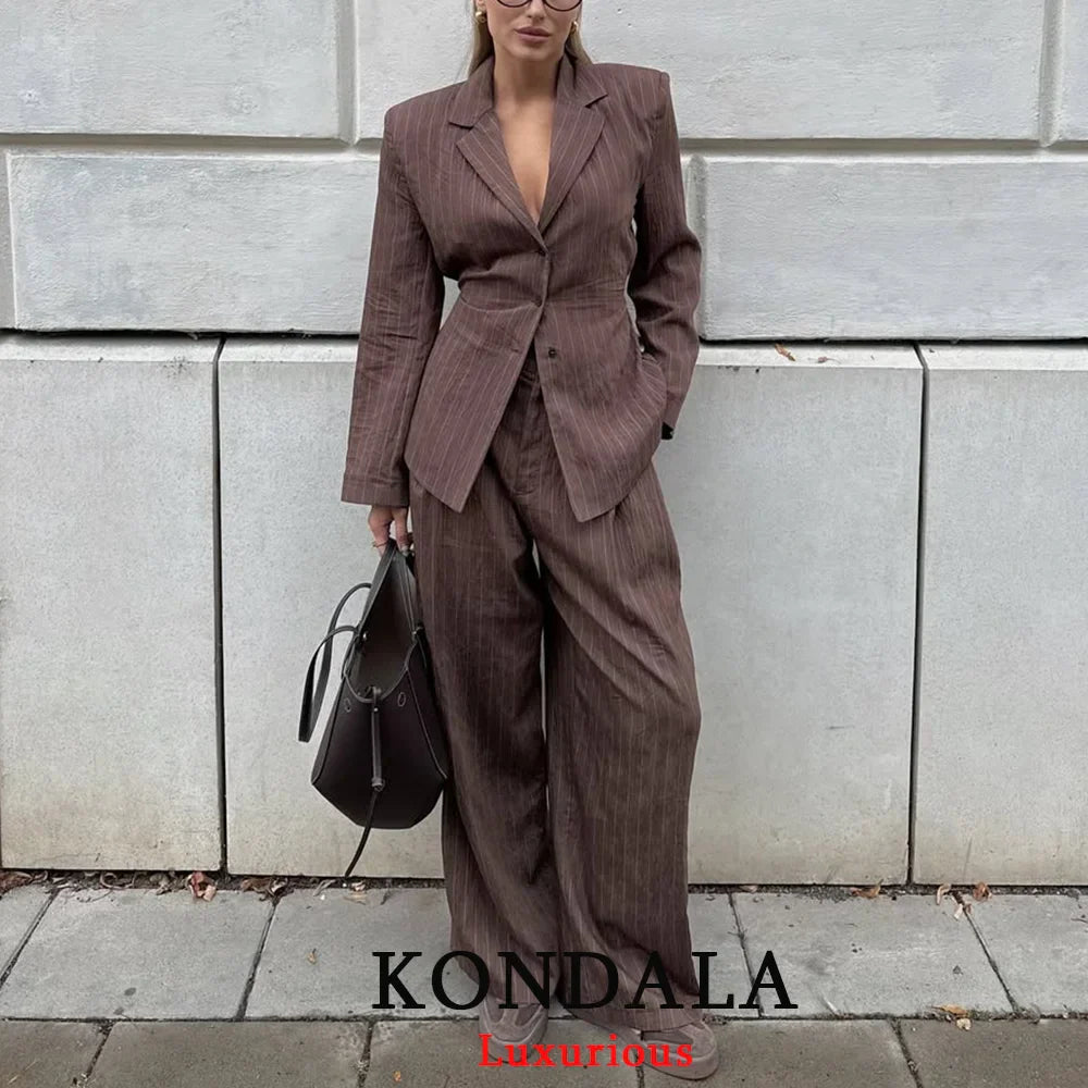 KONDALA Office Lady Chic Brown Suits V Neck Striped Loose Blazer High Waist Wide Leg Pants Fashion 2025 Fall Casual Women Suits