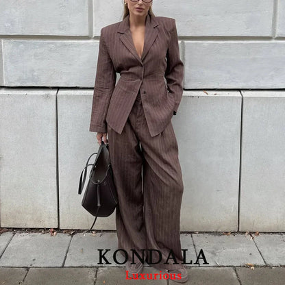 KONDALA Office Lady Chic Brown Suits V Neck Striped Loose Blazer High Waist Wide Leg Pants Fashion 2025 Fall Casual Women Suits