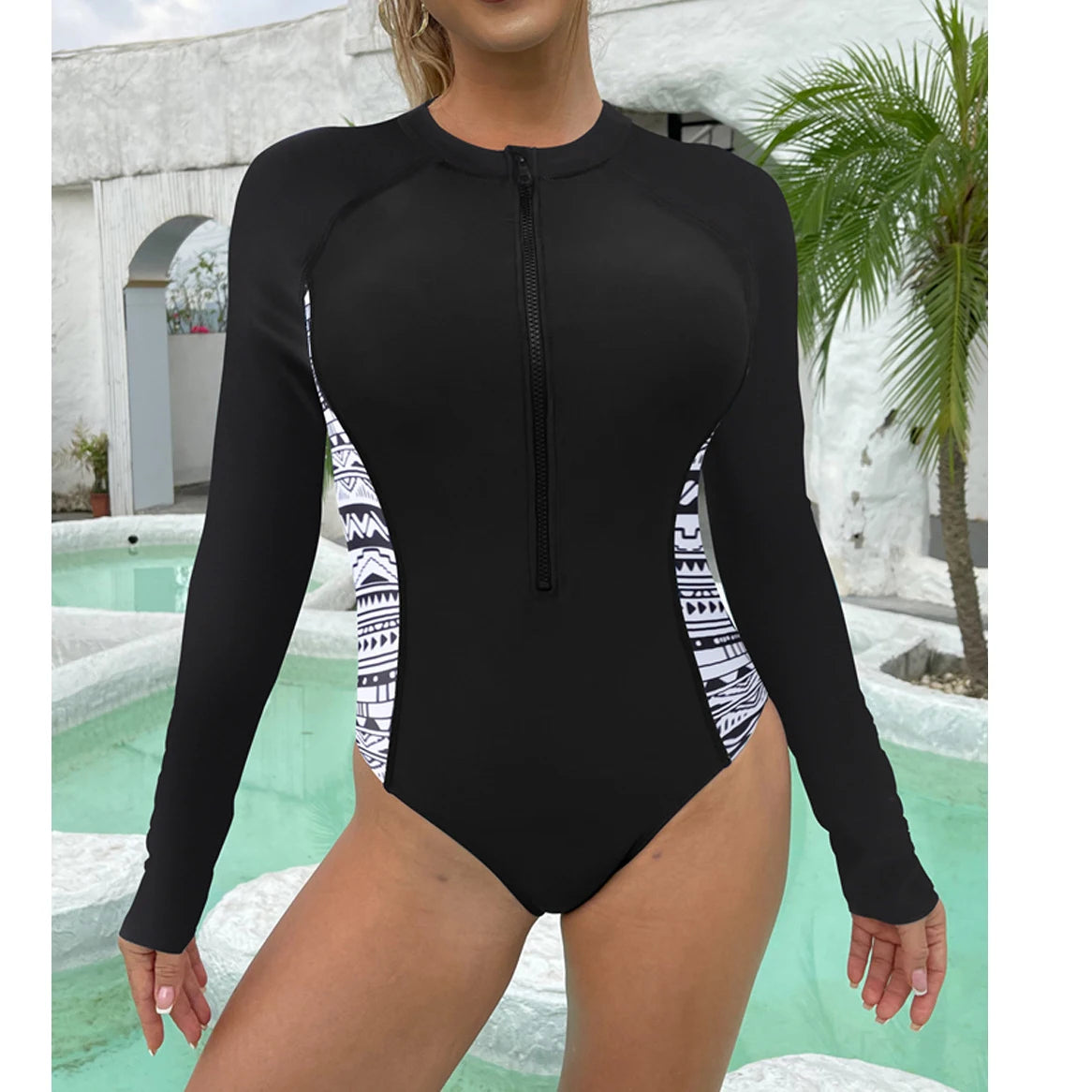 Long Sleeves Swimwear Women Surfing Swimsuit Striped Bathing Suits Zipper One-Piece Swim Suits Sports Push up Beach Wear
