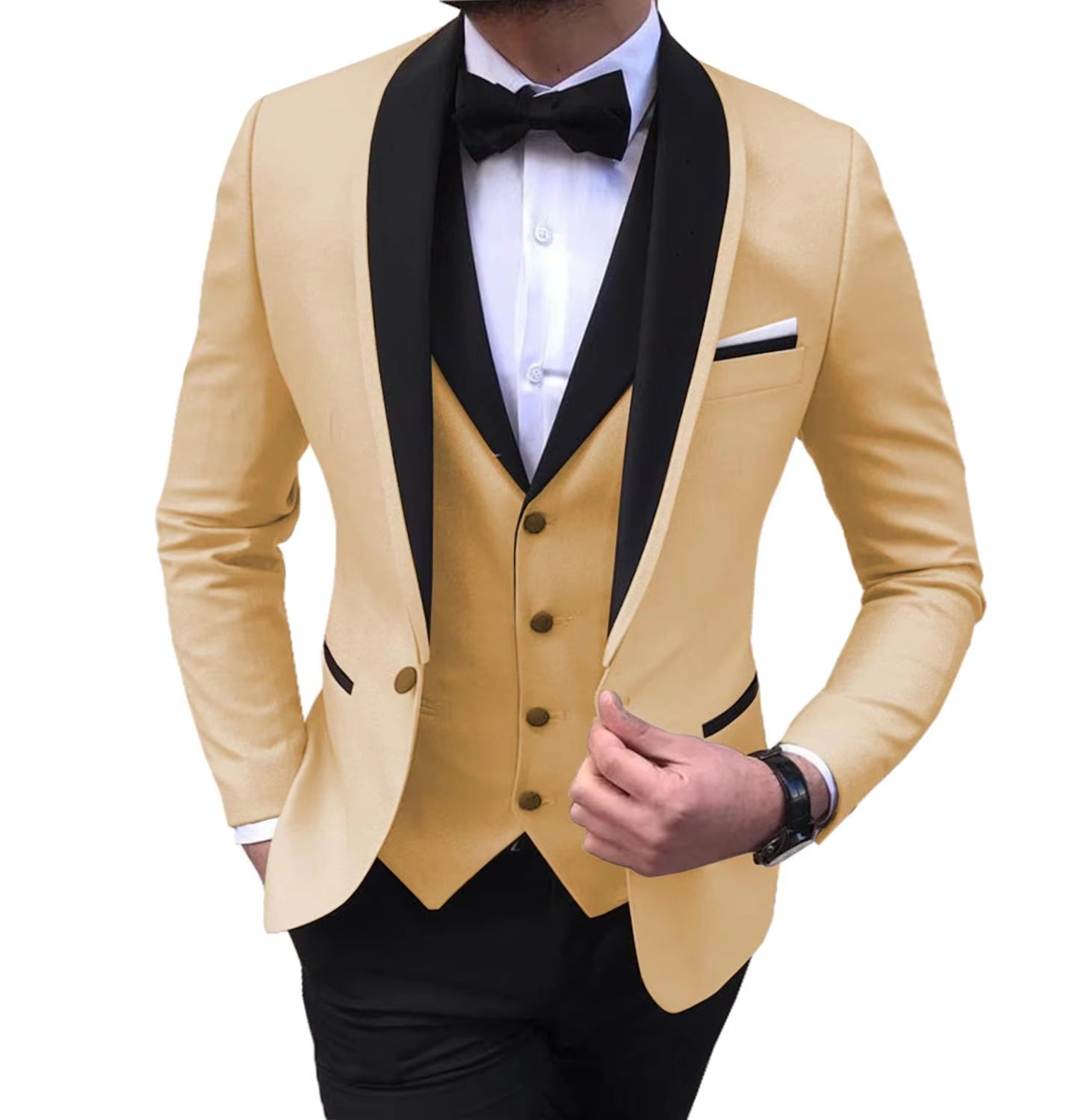 Tailor-Made Elegant Slit Mens Suits 3 Piece Black Shawl Lapel Casual Tuxedos for Wedding Groomsmen Suits Men (Blazer+Vest+Pant)
