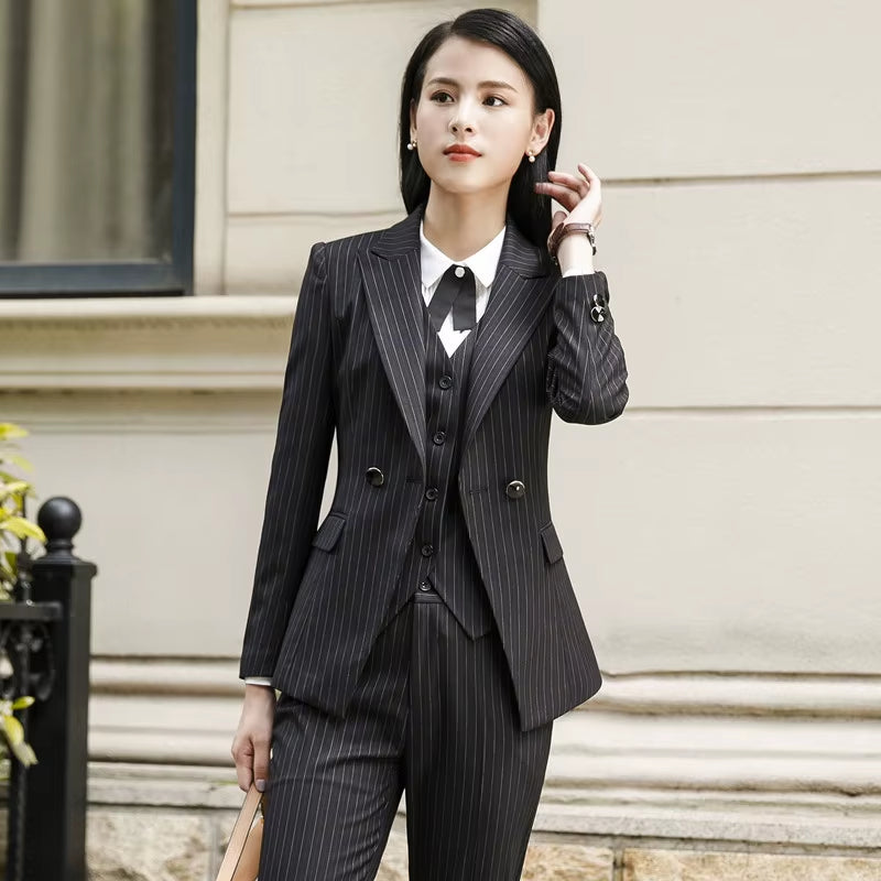 2025 Fashion Women Suits Office Lady Business Work Uniforms Formal Pant Suits Female 3 Piece Set Striped Pants Blazer and Vest