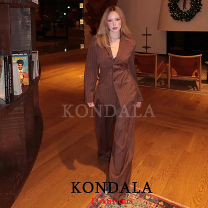 KONDALA Office Lady Chic Brown Suits V Neck Striped Loose Blazer High Waist Wide Leg Pants Fashion 2025 Fall Casual Women Suits
