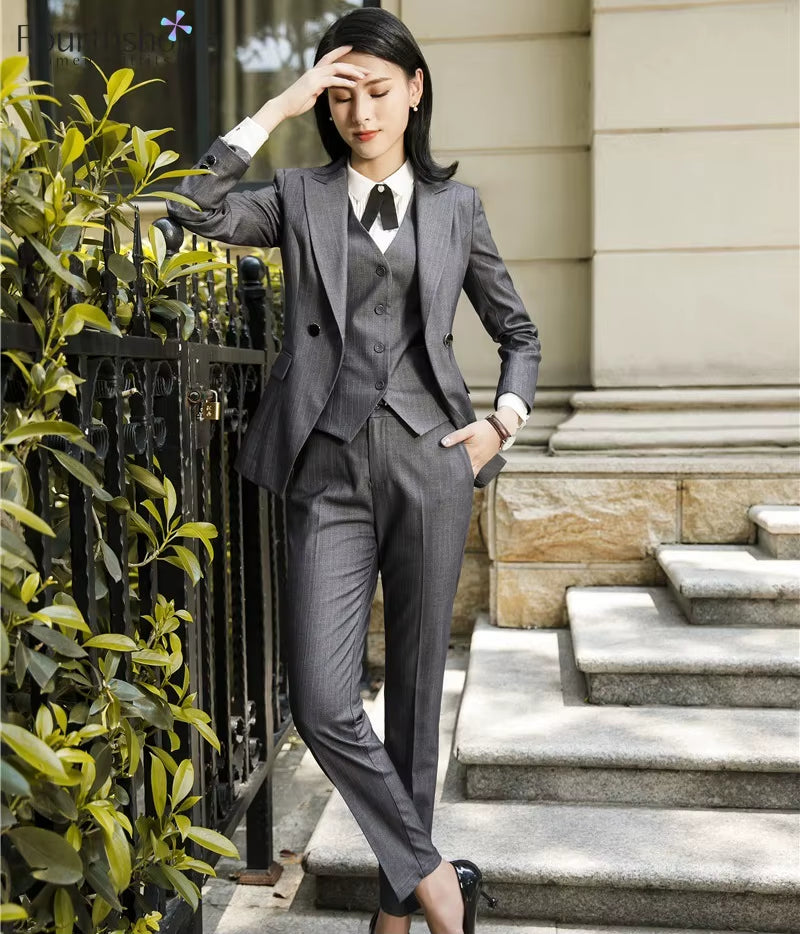 2025 Fashion Women Suits Office Lady Business Work Uniforms Formal Pant Suits Female 3 Piece Set Striped Pants Blazer and Vest