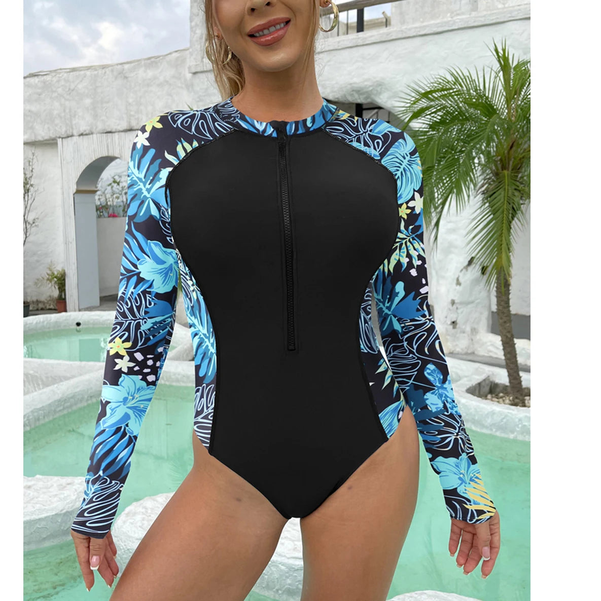 Long Sleeves Swimwear Women Surfing Swimsuit Striped Bathing Suits Zipper One-Piece Swim Suits Sports Push up Beach Wear