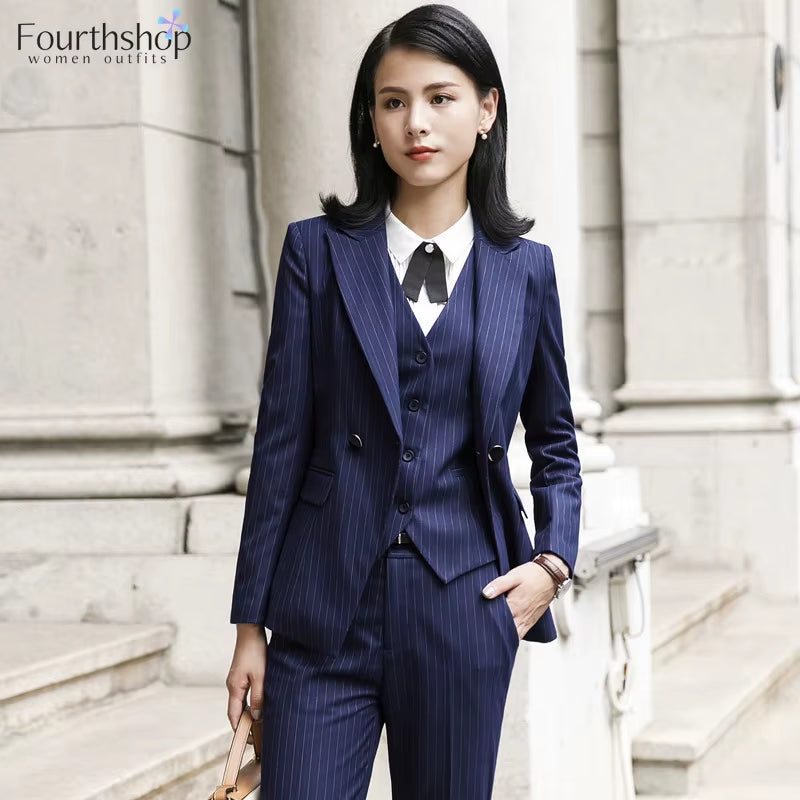 2025 Fashion Women Suits Office Lady Business Work Uniforms Formal Pant Suits Female 3 Piece Set Striped Pants Blazer and Vest
