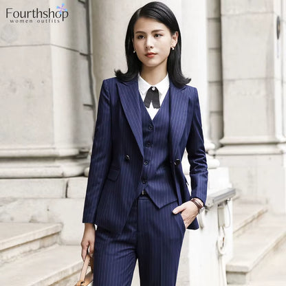 2025 Fashion Women Suits Office Lady Business Work Uniforms Formal Pant Suits Female 3 Piece Set Striped Pants Blazer and Vest